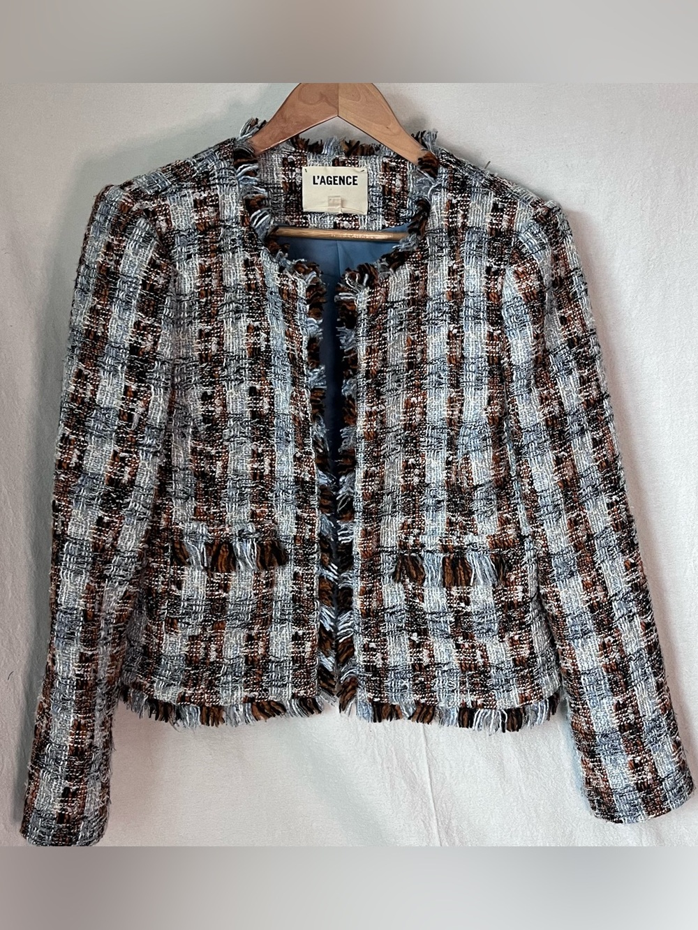 L'AGENCE Angelina Tweed Open Front Fringe Blazer Jacket Multi Blue Orange Sz 10